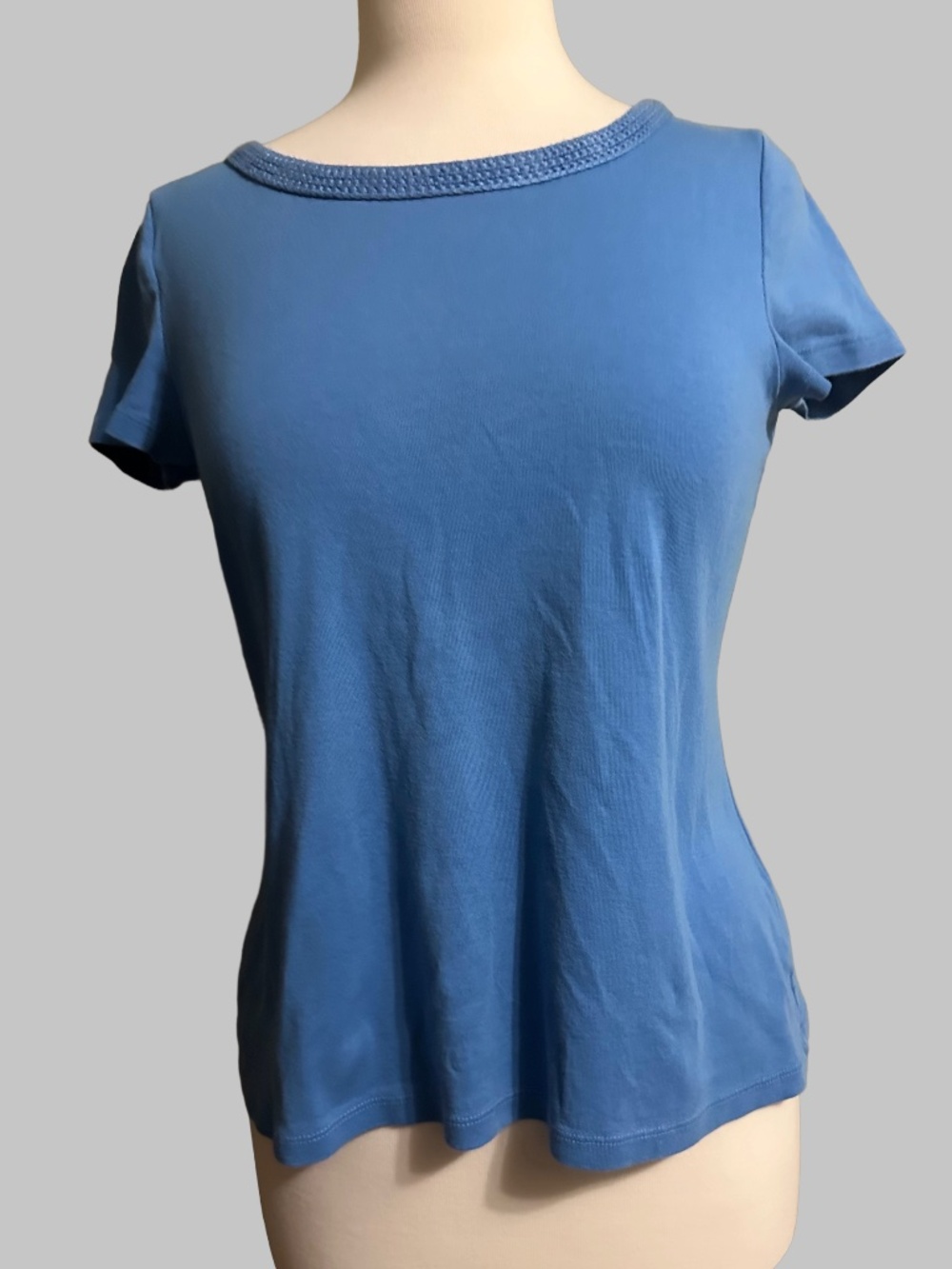 Talbots Petite Blue 100% Pima Cotton Braided Trim Cap Sleeve Top Size PM